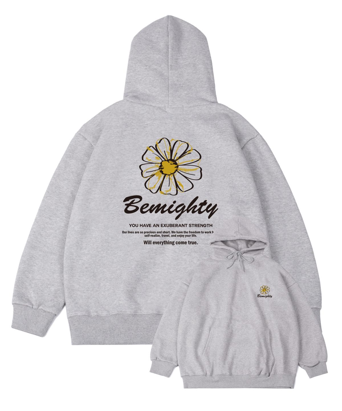 비마이티(BEMIGHTY) 스티치 플라워 오버핏 기모 후드티셔츠 [멜란그레이]