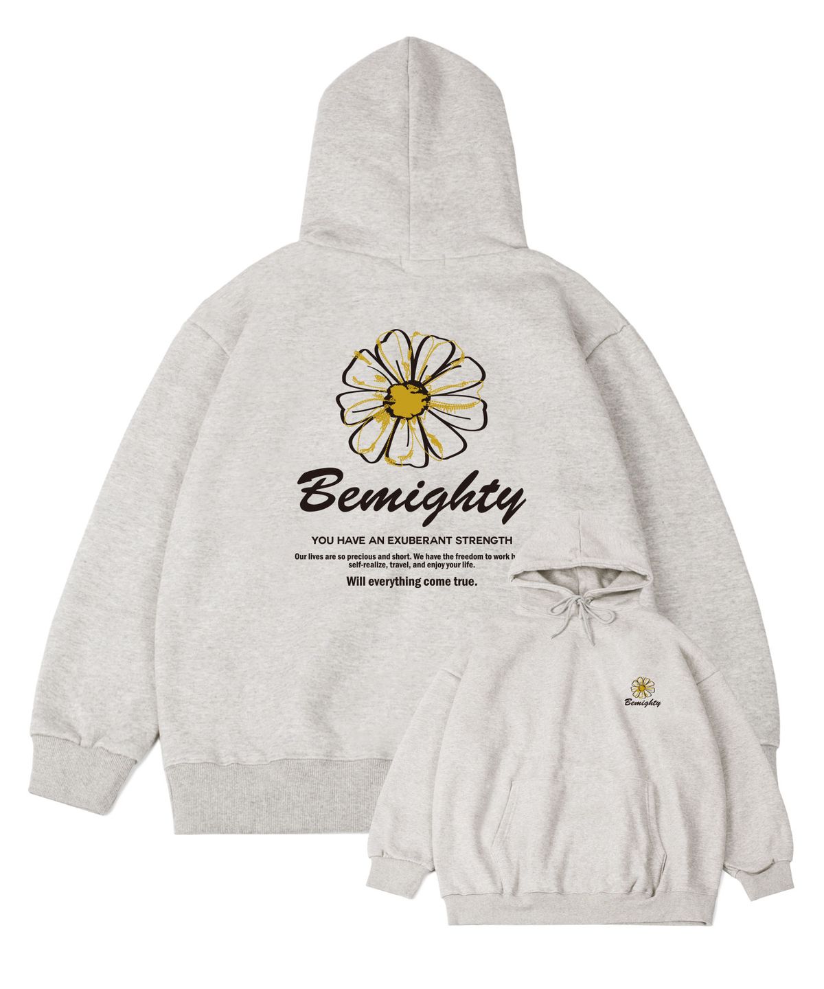 비마이티(BEMIGHTY) 스티치 플라워 오버핏 기모 후드티셔츠 [오트밀]
