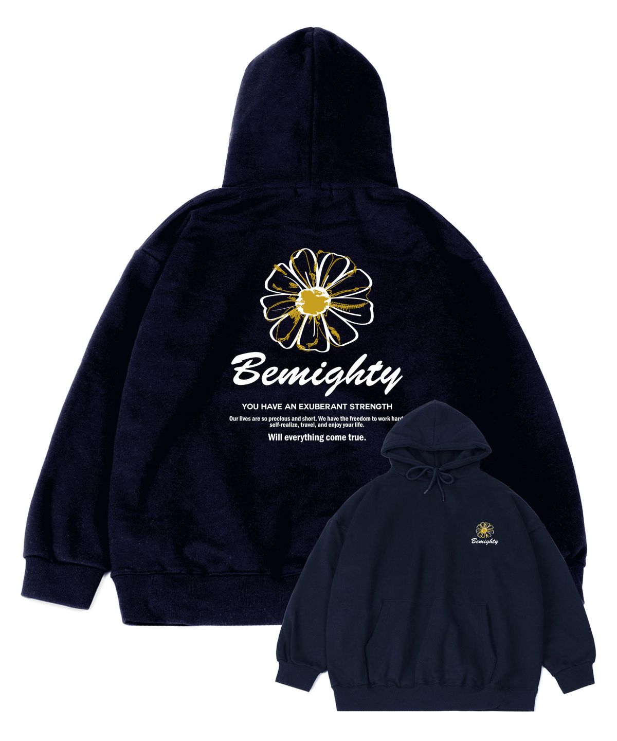 비마이티(BEMIGHTY) 스티치 플라워 오버핏 기모 후드티셔츠 [네이비]