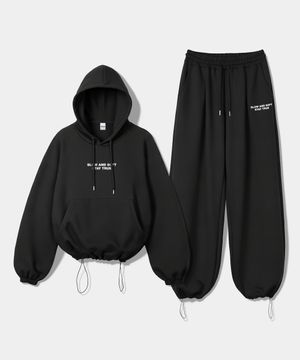 [SET] 스몰 슬로우 앤드 소프트 스트링 오버핏 후드 + 원턱 스트링 팬츠 - 블랙