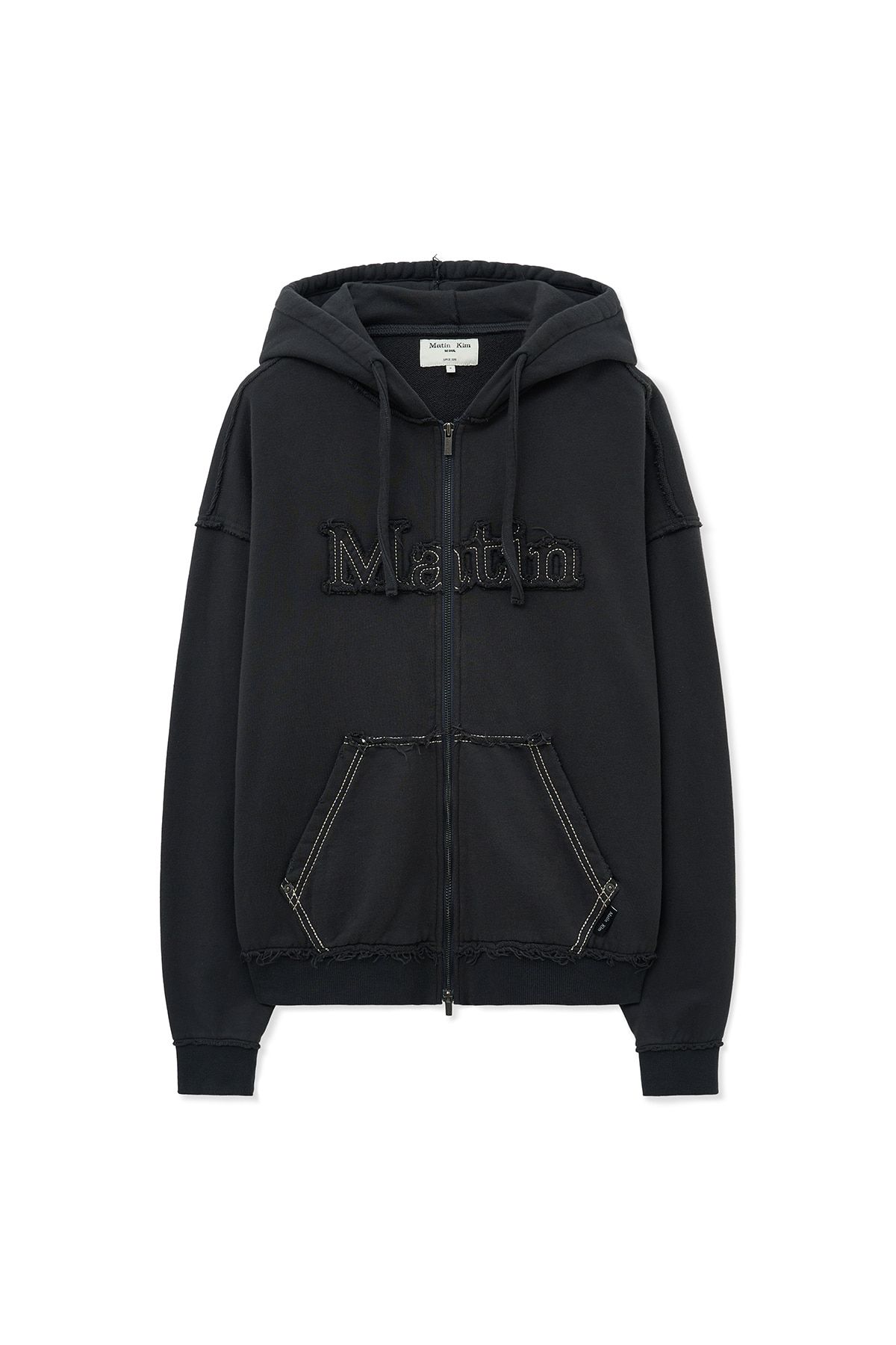 MUSINSA公式 | MATIN KIM RAW CUT APPLIQUE HOODY ZIP UP IN CHARCOAL