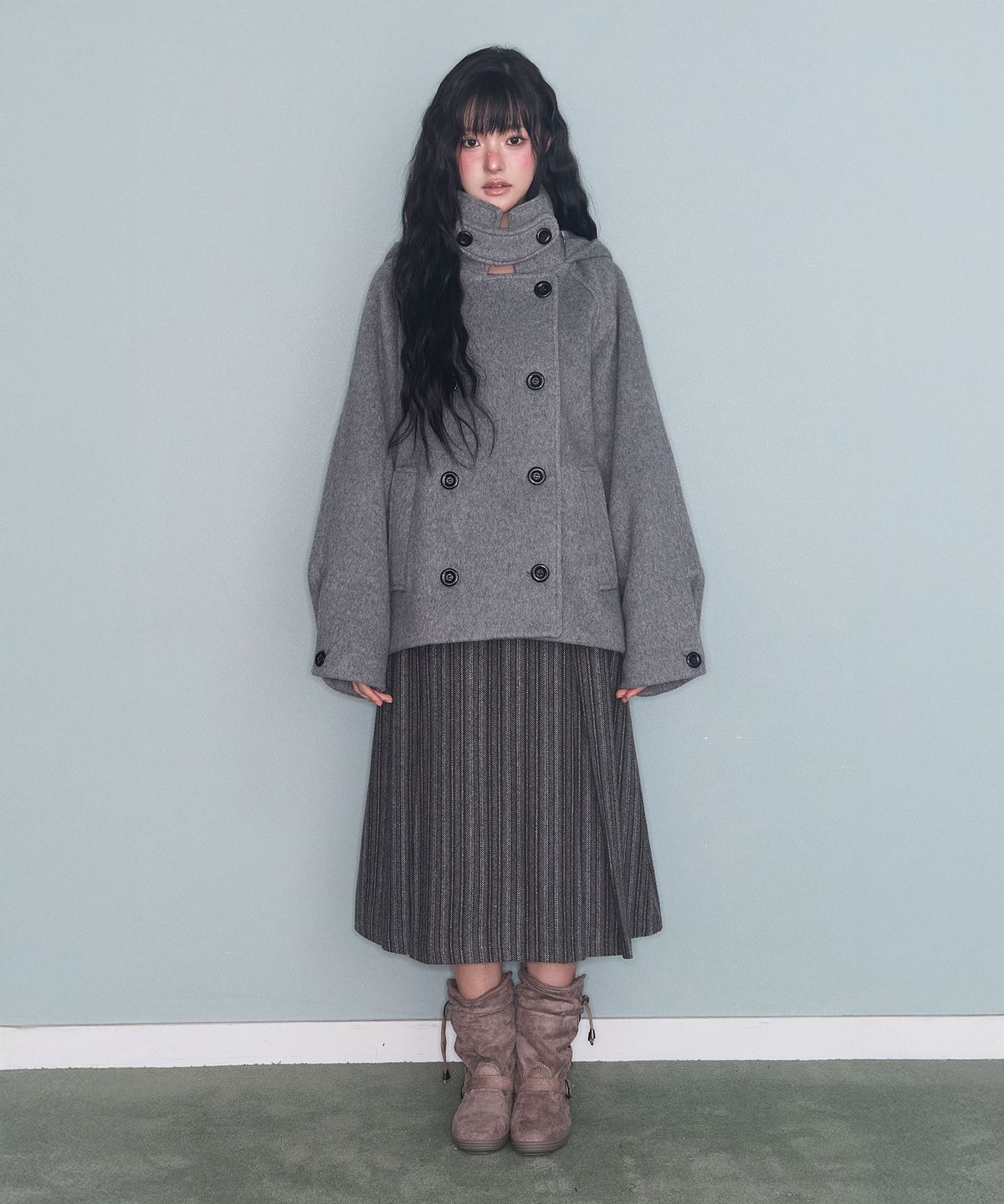 미레코(MIRECO) HOODED DOUBLE HALF COAT GREY