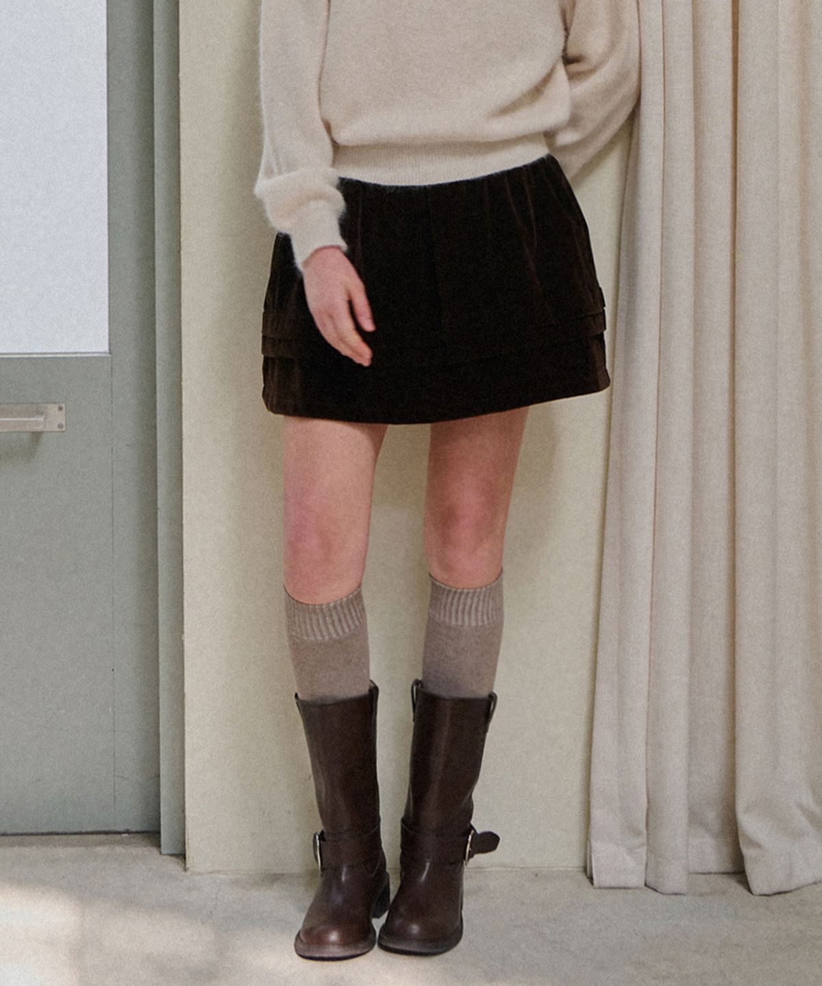 슬로우롤리(SLOWLOLLI) Velvet banding frill skirt_2 Colors