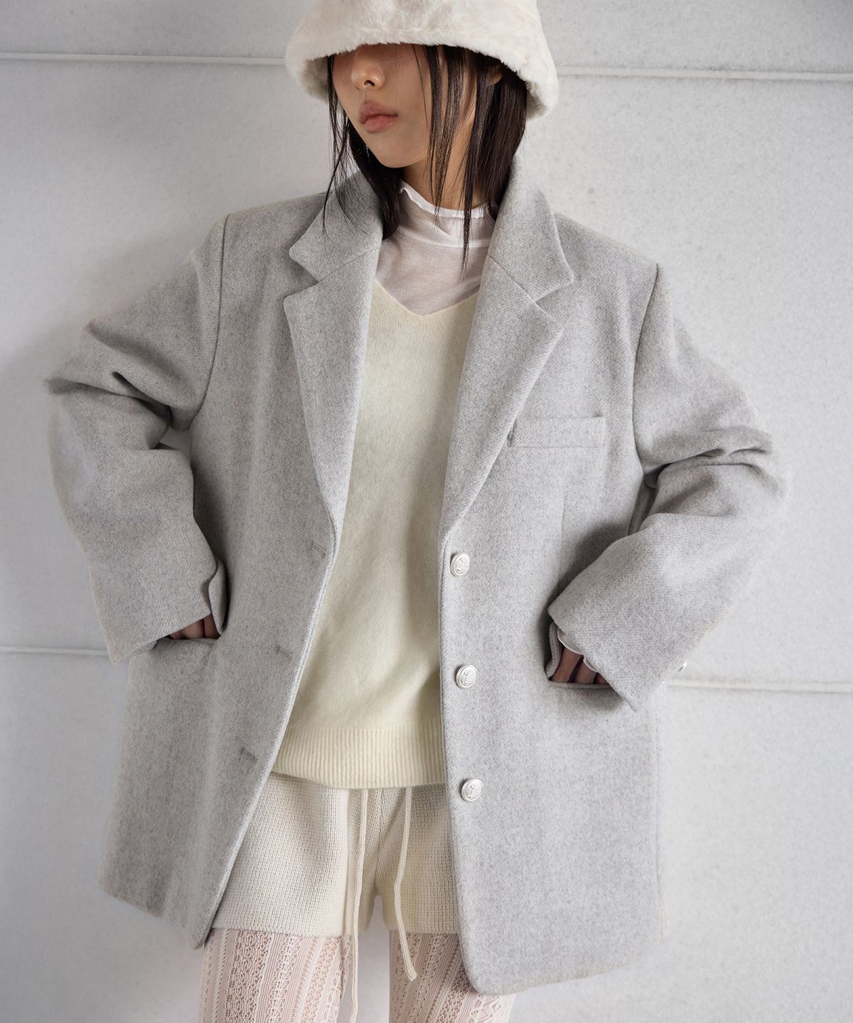런던다다(LONDONDADA) OVERSIZED FIT PENDANT SINGLE WOOL JACKET, MOON GREY