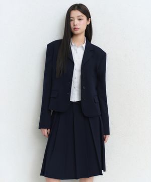 우먼즈 볼드 플리츠 니 렝스 스커트 [네이비]
