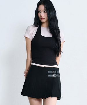 우먼즈 로 라이즈 버클 플리츠 미니 스커트 [블랙]