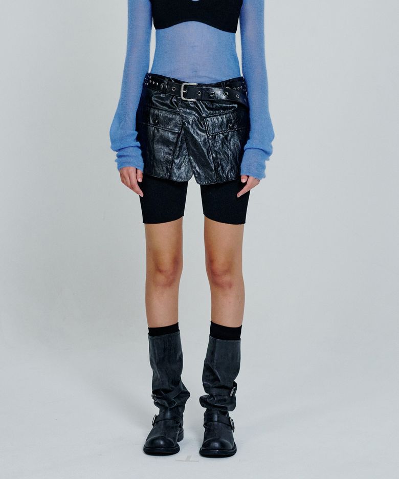 Leather Out-Pocket Wrap Skirt_Black