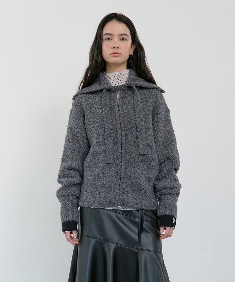 TIE SET COZY BOUCLE KNIT ZIP-UP_CHARCOAL BLUE