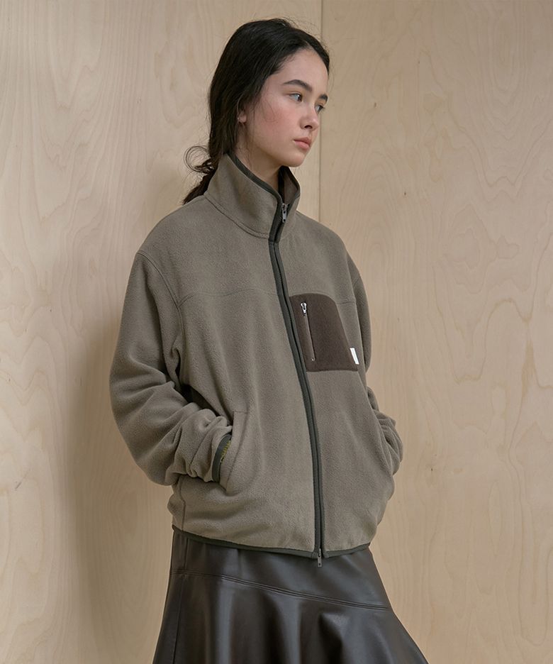 COLOR BLOCK FLEECE ZIP-UP_COCOA
