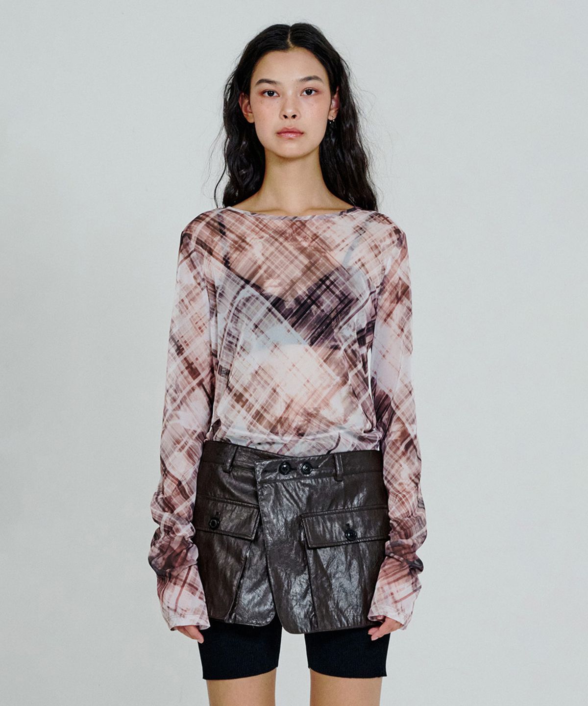 더애틋(THE AÉTUT) Check Mesh Long Sleeve T-Shirt_Brown