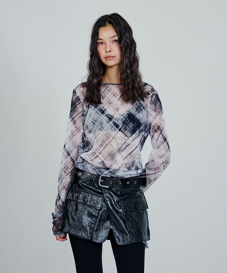 Check Mesh Long Sleeve T-Shirt_Grey
