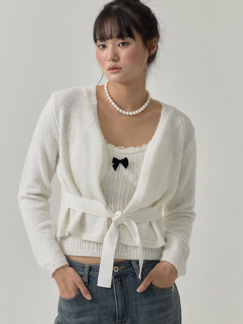 Ribbon Crop Knit Cardigan Set-up_Ivory