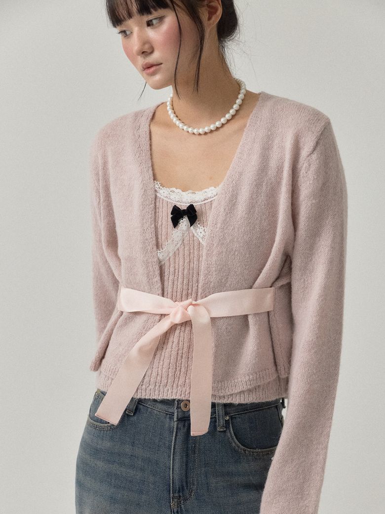 Ribbon Crop Knit Cardigan Set-up_Pink