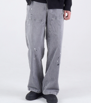더블 니 카펜터 워크 데님 밴딩 팬츠 (워시드 그레이)