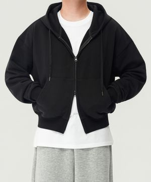 500g 헤비코튼 심플 오버핏 TWO - WAY 세미크롭 후드 집업 (BLACK)