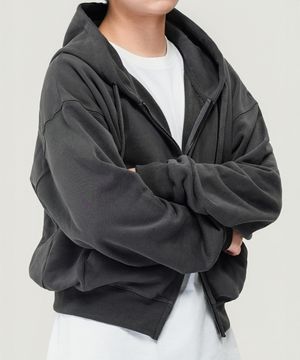 500g 헤비코튼 심플 오버핏 TWO - WAY 세미크롭 후드 집업 (CHARCOAL)