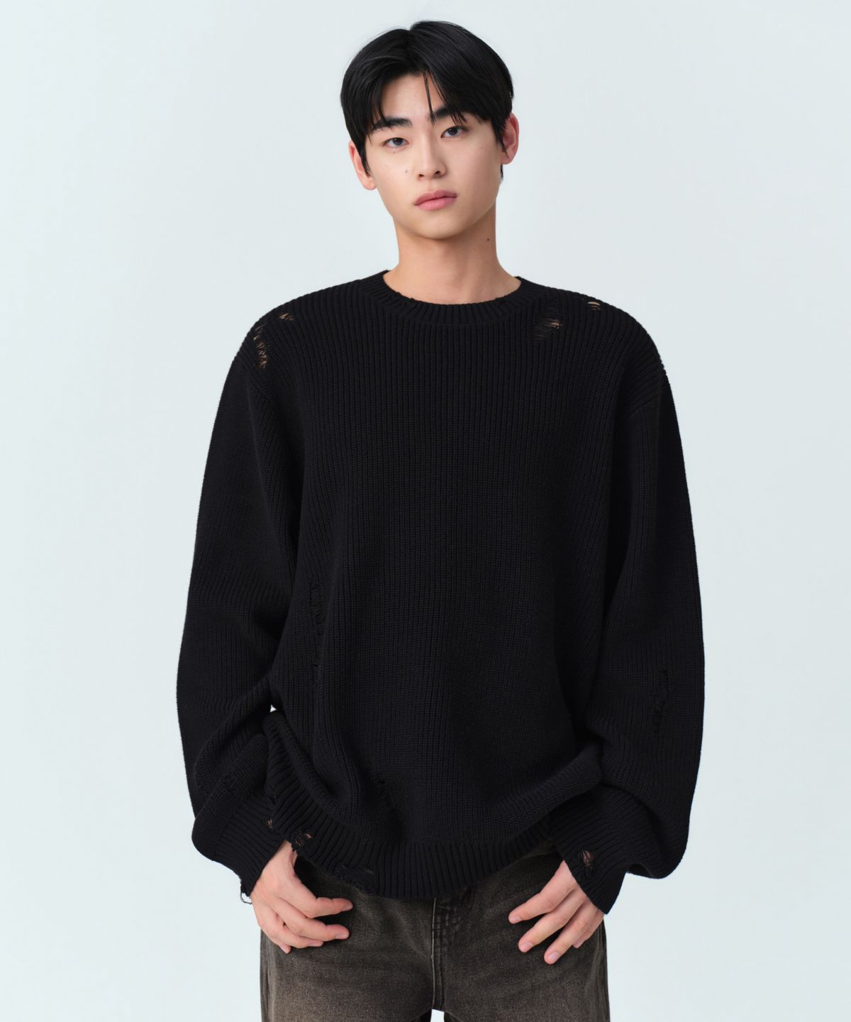 무신사 스탠다드(MUSINSA STANDARD) 디스트로이드 리브드 니트 [블랙]