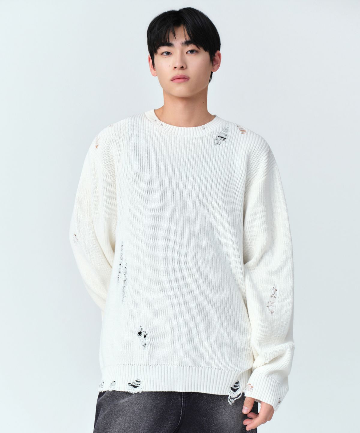 무신사 스탠다드(MUSINSA STANDARD) 디스트로이드 리브드 니트 [아이보리]