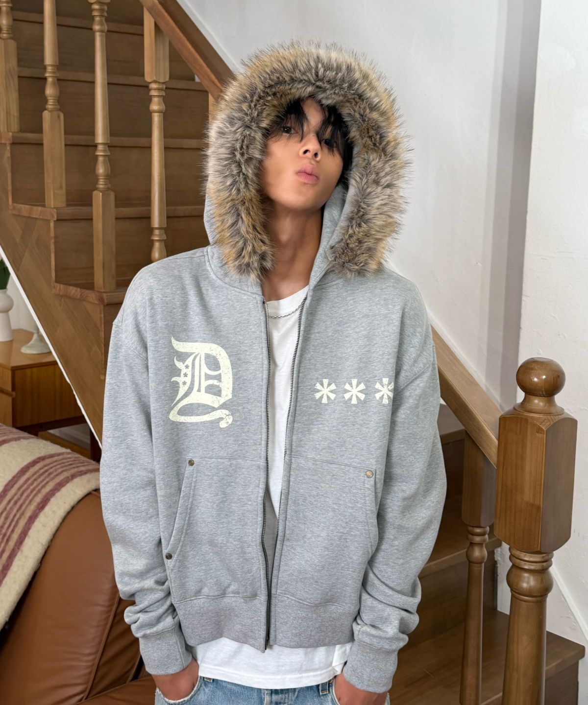 아모우(AMOU) AMOU Fur Hoodie Zip-Up GREY