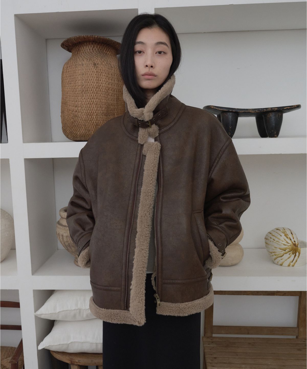 프롬웨얼(FROMWHERE) 클래식 빈티지 무스탕 Brown