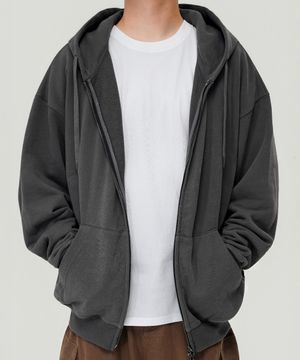 500g 헤비코튼 심플 오버핏 TWO - WAY 후드 집업 (CHARCOAL)