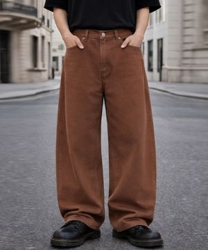 기모 브라운 커브드 절개라인 와이드 코튼 면팬츠