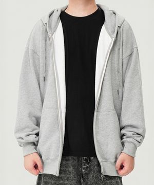 500g 헤비코튼 심플 오버핏 TWO - WAY 후드 집업 (MELANGE GREY)
