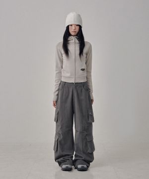 High-Neck Knit  Hoodie Zip Up / Light Grey