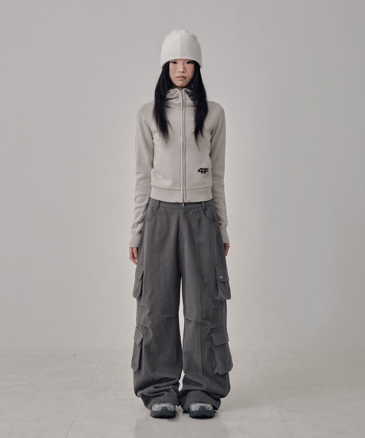 사일프레이(41PRAY) High-Neck Knit  Hoodie Zip Up / Light Grey