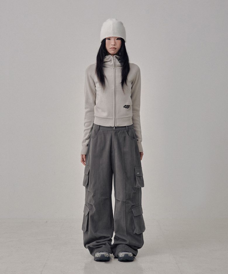 High-Neck Knit  Hoodie Zip Up / Light Grey
