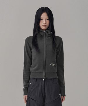 High-Neck Knit  Hoodie Zip Up / Charcoal