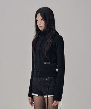 High-Neck Knit  Hoodie Zip Up / Black