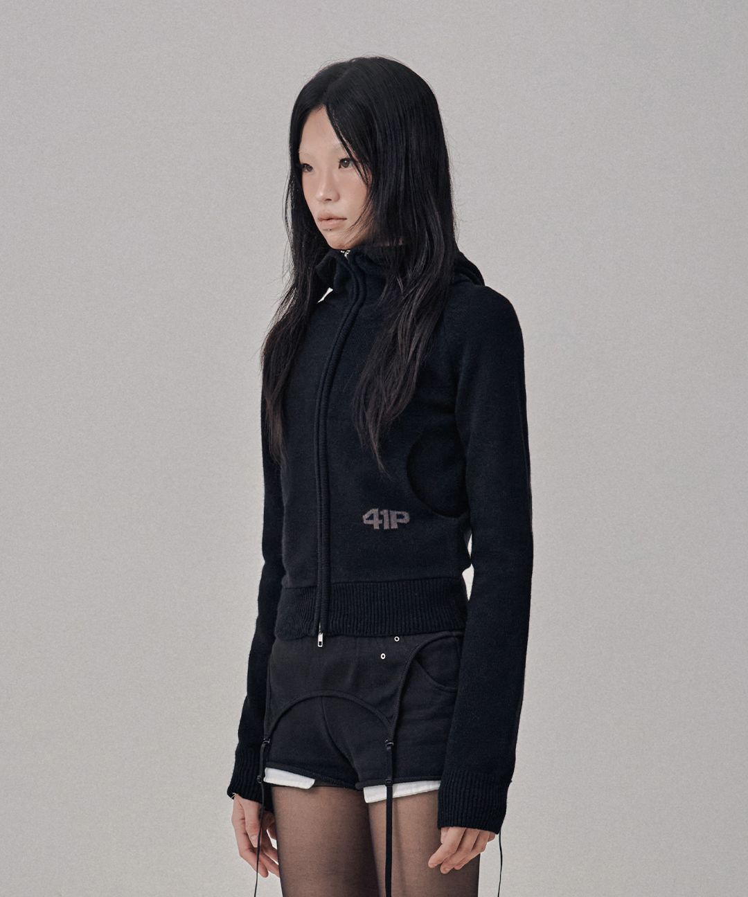 MUSINSA公式 | 41PRAY High-Neck Knit Hoodie Zip Up / Black