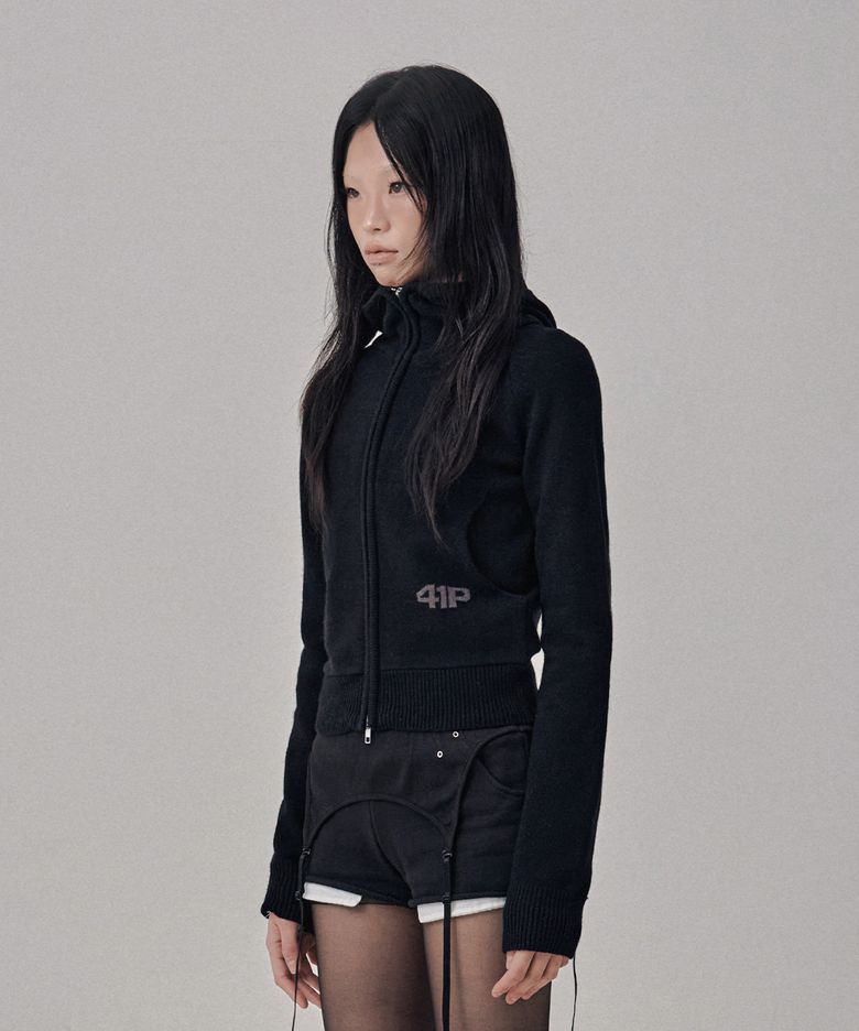 High-Neck Knit  Hoodie Zip Up / Black