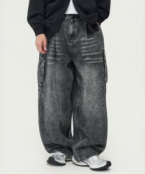 원턱 와이드핏 커브드 카고 데님 팬츠 (WASHED GREY)