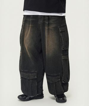 와이드 벌룬핏 멀티포켓 카고 데님 팬츠 (VINTAGE BLACK)