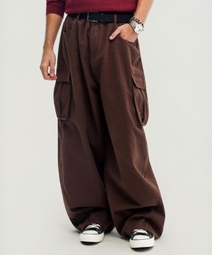 와이드 커브드 카고 코튼 팬츠 (BROWN)