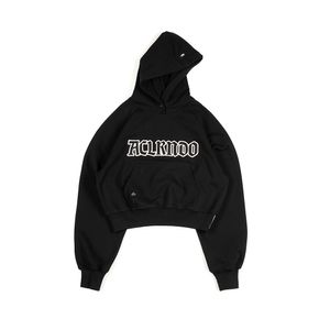 FB13CBK EMB 바이오 워싱 크롭 후드 Black women