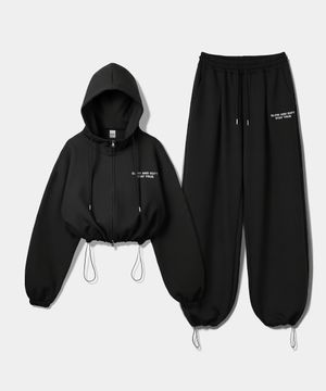 [SET] 슬로우 앤드 소프트 스트링 오버핏 크롭 투웨이 후드집업 + 원턱 스트링 팬츠 - 블랙