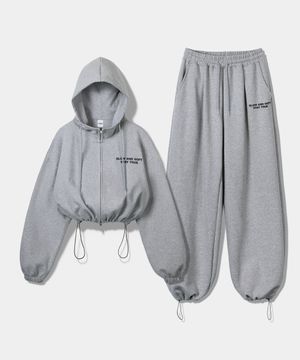 [SET] 슬로우 앤드 소프트 스트링 오버핏 크롭 투웨이 후드집업 + 원턱 스트링 팬츠 - 멜란지