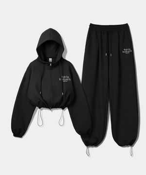 [SET] WOB 스트링 오버핏 크롭 투웨이 후드집업 + 원턱 스트링 팬츠 - 블랙