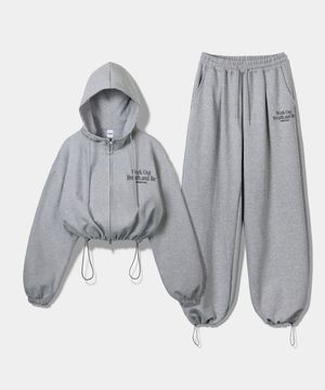 [SET] WOB 스트링 오버핏 크롭 투웨이 후드집업 + 원턱 스트링 팬츠 - 멜란지