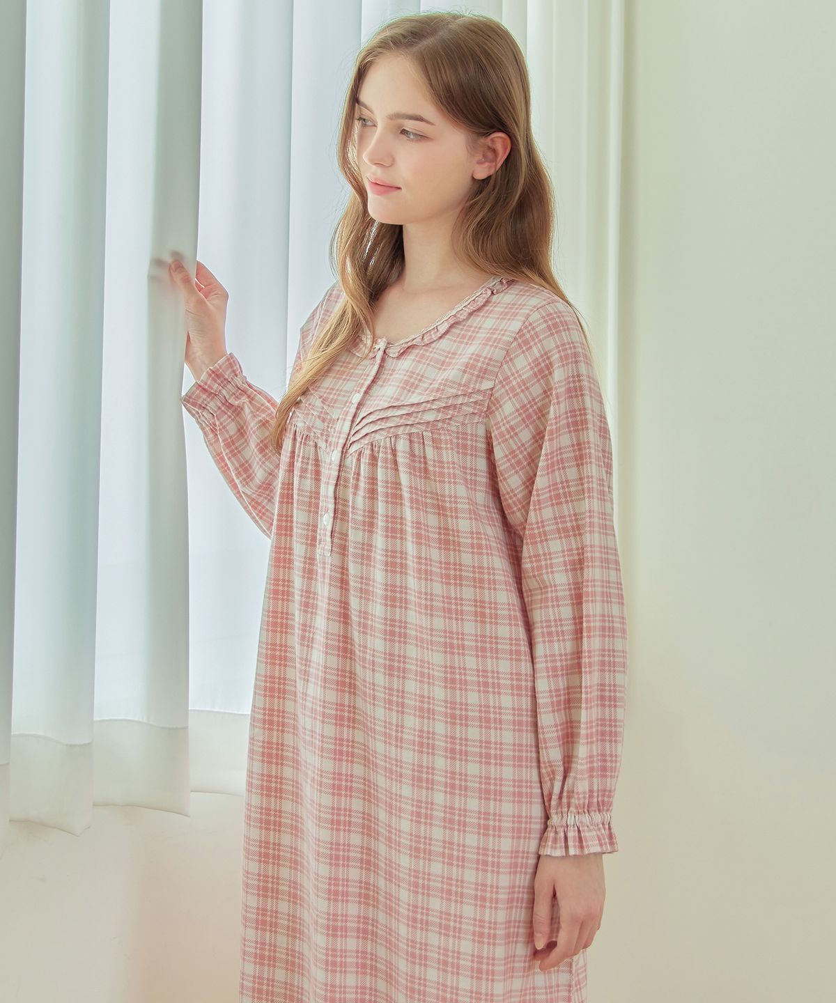 메이플라워(MAY FLOWER) 아이스핑크 긴팔 약기모 순면 여성 빅사이즈 원피스 잠옷