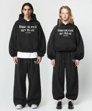 [SET] 스테이트먼트 스트링 오버핏 후드 + 원턱 스트링 팬츠 - 블랙