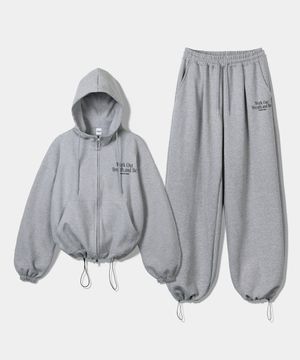 [SET] WOB 스트링 오버핏 투웨이 후드집업 + 원턱 스트링 팬츠 - 멜란지