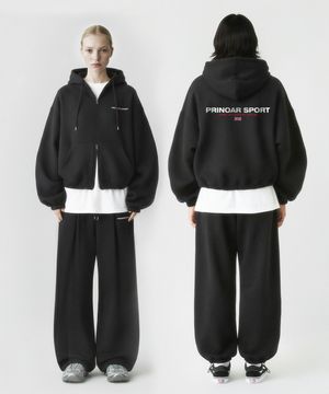 [SET] 스포츠 스트링 오버핏 투웨이 후드집업 + 원턱 스트링 팬츠 - 블랙