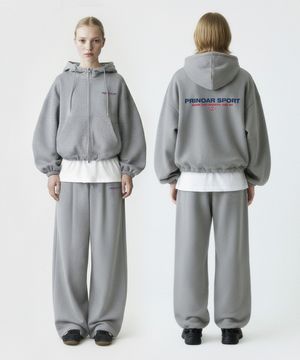[SET] 스포츠 스트링 오버핏 투웨이 후드집업 + 원턱 스트링 팬츠 - 멜란지