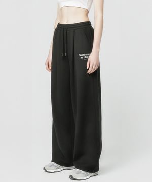 [기모선택] 스테이트먼트 스트링 원턱 와이드 팬츠 - 블랙