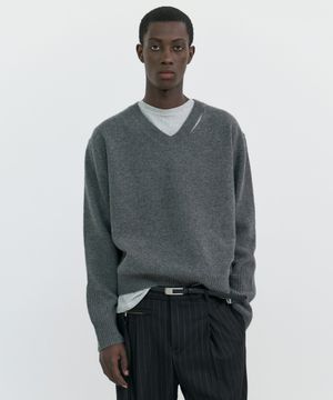 SLIT MERINO WOOL V-NECK SWEATER - MELANGE GREY