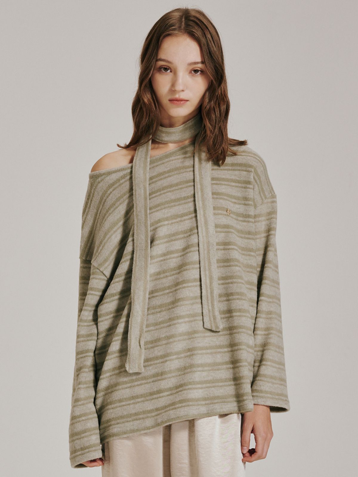 누브(NOUVE) 스트라이프 스카프 니트 티셔츠 - 그린 / Stripe Scarf Knit T-Shirt - Green